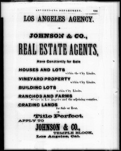 Handbill from the Johnson and Company Real Estate Agency advertising lots for sale in and around Los Angeles, ca.1900