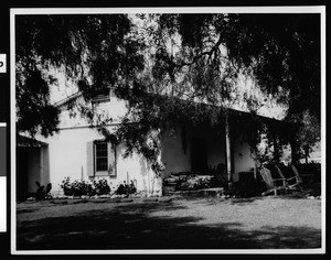 View across the front lawn of the restored adobe of Don Jose Serrano on Whiting Ranch two miles east of El Toro, ca.1930