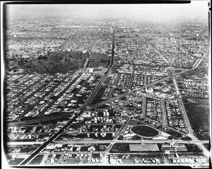 Aerial view looking east at the intersection of Wilshire and San Vicente Boulevards, March 11, 1930