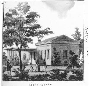 Lithograph depicting the residence of Leoni Hoover, 1857