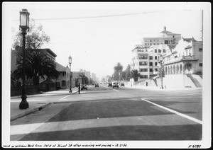 View of post-widened Wilshire Boulevard looking west from a point fifty feet east of Bixel Street, 1934