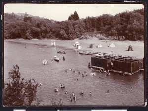 Birdseye view of people bathing at Eagle Nest on the Russian River