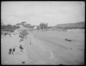 Small crowds of people walking along Waikiki Beach, Honolulu, Hawaii, 1907