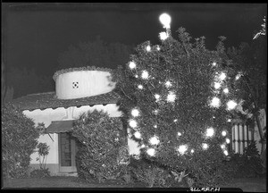 Tree decorated for Christmas outside a Spanish-style home