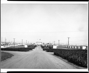 View of the main street and cabins at the Olympic Village in Los Angeles, 1932