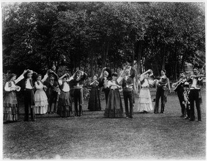 Portrait of six couples of "La Jota" Spanish dancers led by Jose Rivera, Los Angeles, ca.1910