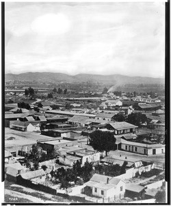 Birdseye view of Sonora Town looking east from Broadway, Los Angeles, ca.1885