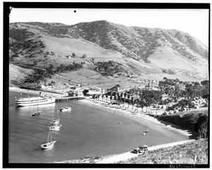 View of beach at Catalina Island, showing pier and boats in water
