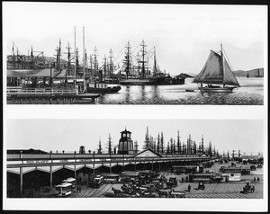 Two panoramic drawings published by Adolph Witteman depicting the Embarcadero and the Market Street Wharf of San Francisco, 1884-1885