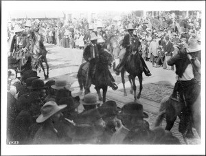 Mexican caballeros riding in a Fiesta de Los Angeles parade, ca.1901