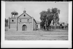 Exterior view of the front of the Los Angeles Plaza Church, ca.1885