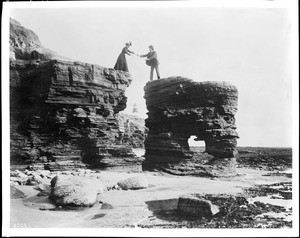 Man and a woman on the rocks at Point Loma's Lover's Leap, San Diego, ca.1905