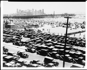 View of the Santa Monica Pier showing the parking lot in the foreground, 1934