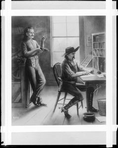 Painting depicting a sheriff sitting at his desk, aware that a man with a gun is standing behind him, by G.A. Mag(?), California, ca.1898