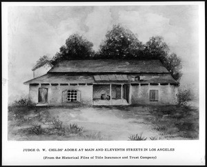 Watercolor painting depicting the exterior of Judge O. W. Childs on the southeast side of the intersection of Main Street and 11th Street