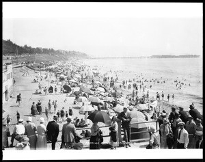 View of Redondo Beach, looking south towards the railroad pier from a pier in the foreground, ca.1926