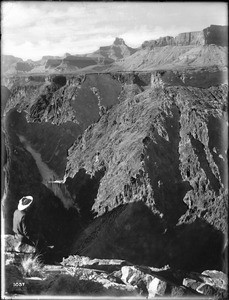 Berry, the "trail blazer" looks down on the Colorado River from Grand View Plateau, Grand Canyon, 1900-1930