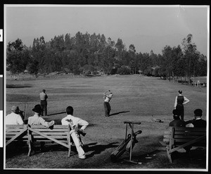 Men playing golf at the Griffith Park Golf Course, February 22, 1947