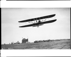 Aviator Howard Gill in a Wright biplane at the Dominguez Hills Air Meet, 1912