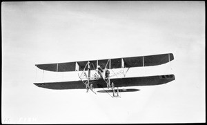 Aviator Farnum Fish in a Wright biplane at the Dominguez Hills Air Meet, 1912 (1916?)