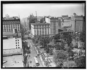 Pershing Square and area buildings, showing Hill Street, ca.1930-1939