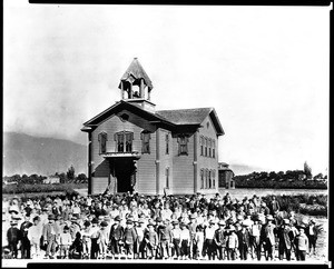 The first Pasadena school, with pupils, ca.1880