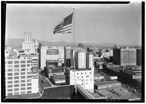 Birdseye view of downtown Los Angeles looking north on Broadway from the Western Pacific Building, 1920-1929