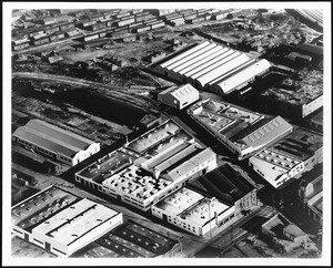 Aerial view of the Essick Factory near downtown Los Angeles, 1910-1940