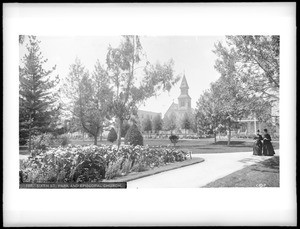 Pershing Square (formerly 6th Street Park) looking toward the Episcopal Church, Los Angeles, ca.1888