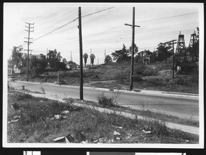 Street bordering on the Chavez Ravine oil field, ca.1930