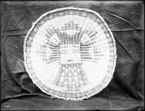 Oraibi-Hopi Indian basket displayed in front of a cloth backdrop, ca.1900