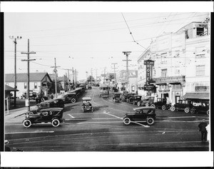 Diamond Street, looking north-east from Pacific Avenue, showing the the El Ja Arms Hotel at right, Redondo Beach, ca.1924