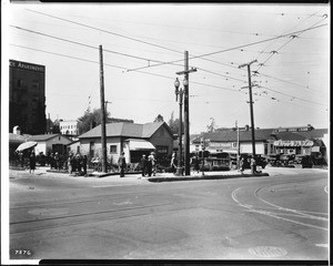 View of the northwest corner of Fifth Street and Flower Street, April 1927