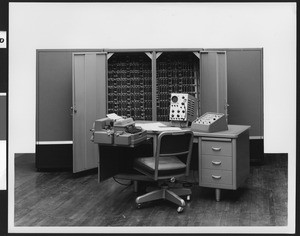 Desk and ALWAC III computer, at Logistics Research, ca.1950