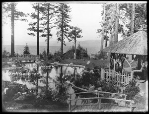 Pond and two log bridges at the Tevis Estate at Lake Tahoe, ca.1910