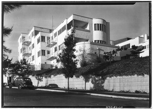 Exterior view of the Westwood Ambassador apartment building, shown from the side, 1937