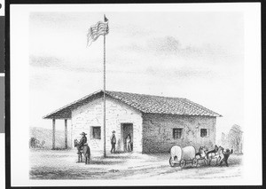 Drawing of an exterior view of the Mexican Courthouse in San Jose, ca.1900