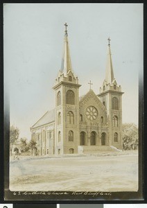 Exterior view of a Catholic Church in Red Bluff, 1900-1940