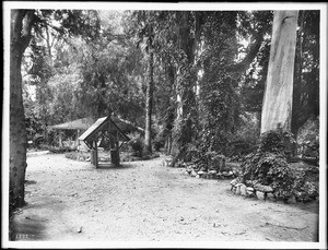 Hugo Reid adobe and old mission bell at Rancho Santa Anita, ca.1900-1902