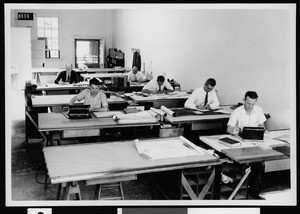 Interior view of Department of Public Works, showing Hollywood office and workers