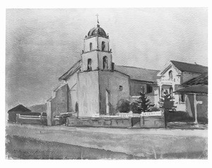 Painting depicting the old mission and priests' home of the Mission San Buenaventura, March 3, 1888