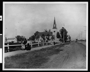 Exterior view of the old Methodist Church on Willowbrook Avenue seen from the city hall site in Compton, 1905