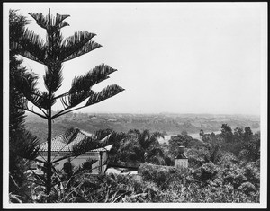 Unidentified adobe building looking down at a valley below, ca.1920/1929