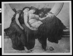 The painting "Summer Moon" by an unknown artist, depicting two women sleeping on a marble bench