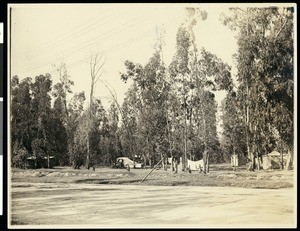 An automobile camp, showing a covered automobile on the grounds, Alhambra, ca.1930