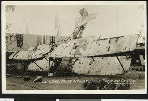 Captured German Taube airplane at the World War I Allied War Exposition in Los Angeles, August 1-10, 1918