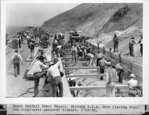 View of North Outfall Sewer Repair, showing a WPA crew placing steel for a reinforced concrete blanket, May 18, 1936