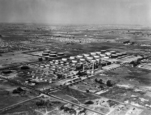 Birdseye view of an oil tank farm, May 1933