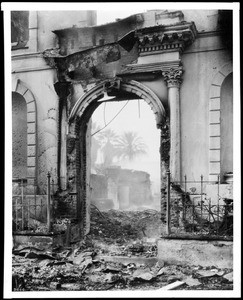 Charred chapel entrance to the Mission Santa Clara after the fire of 1926