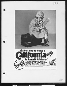 Santa Fe Railway advertisement, showing a small girl seated on luggage while examining a train schedule, 1925